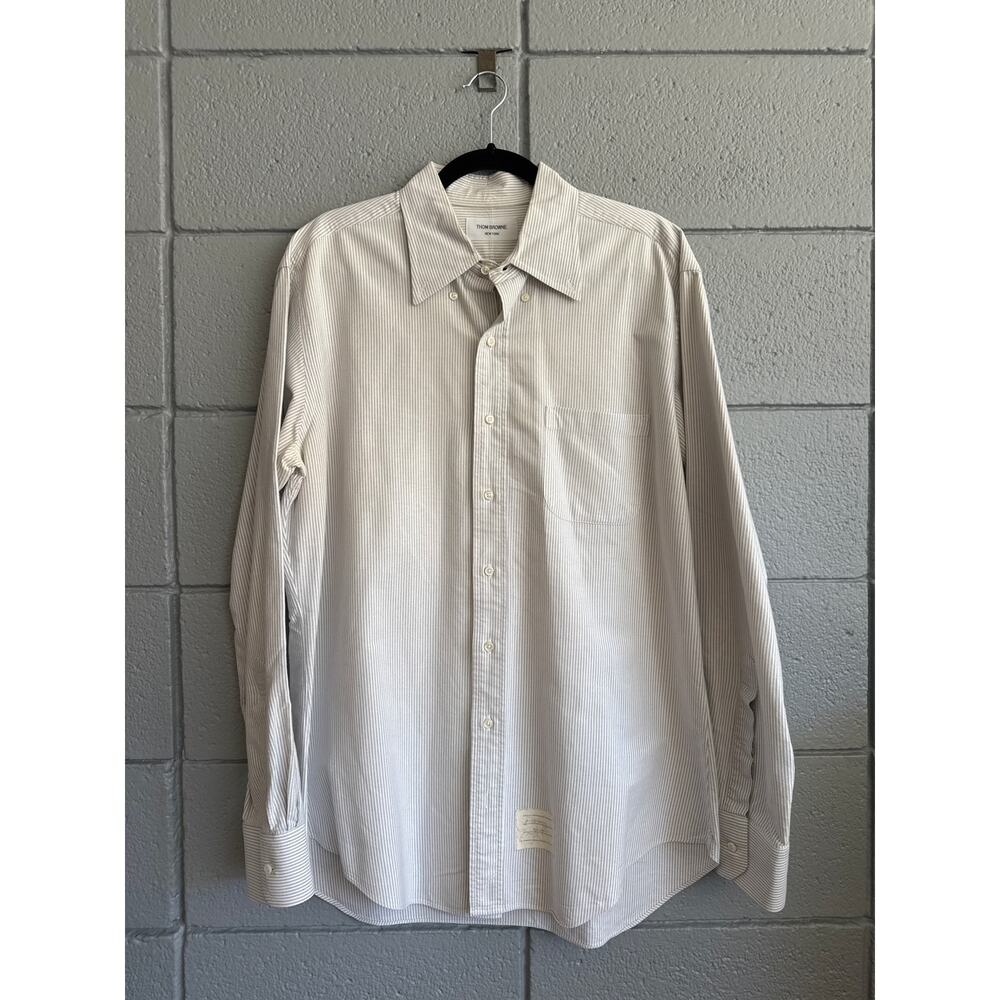 Thom Browne Oxford Cotton Classic Shirt in Grey Stripe size 5